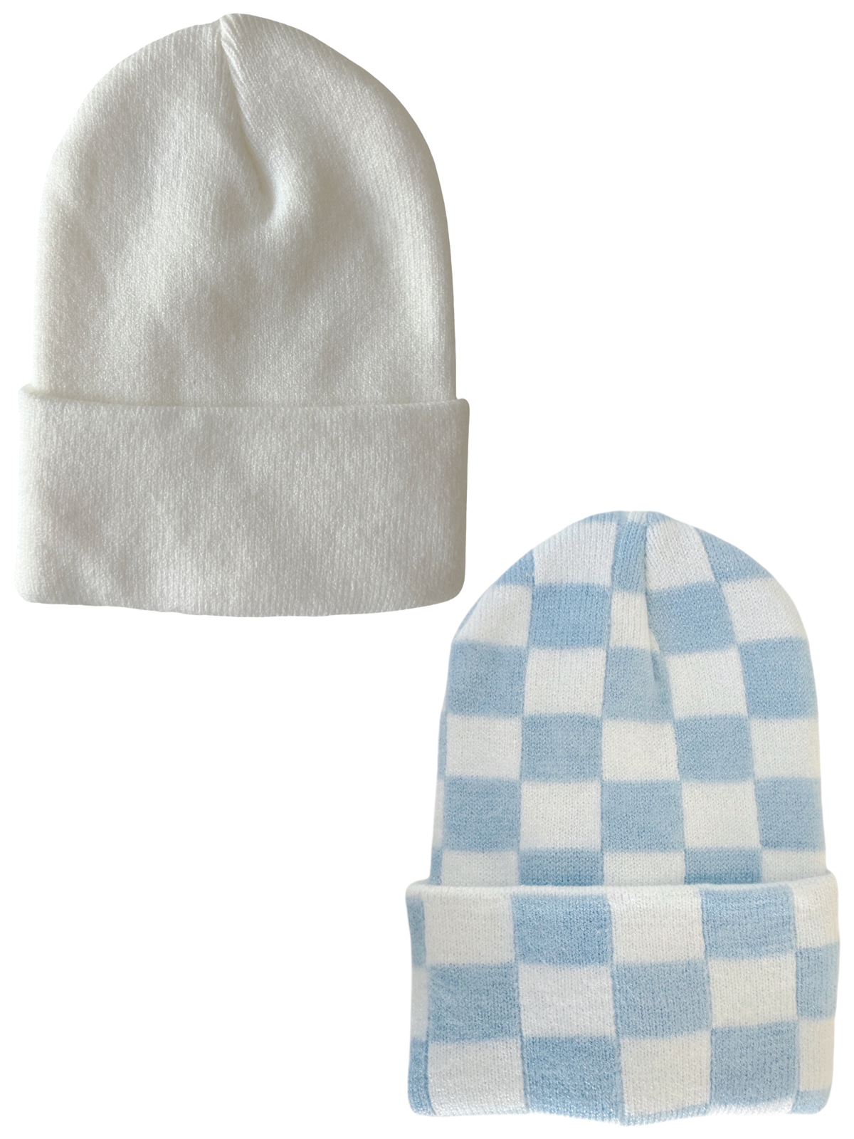 Two beanies: one solid white and one blue and white checkerboard pattern.