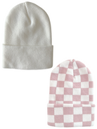 Two knit beanies: a solid white one and a pink checkered one, stacked on a white background.