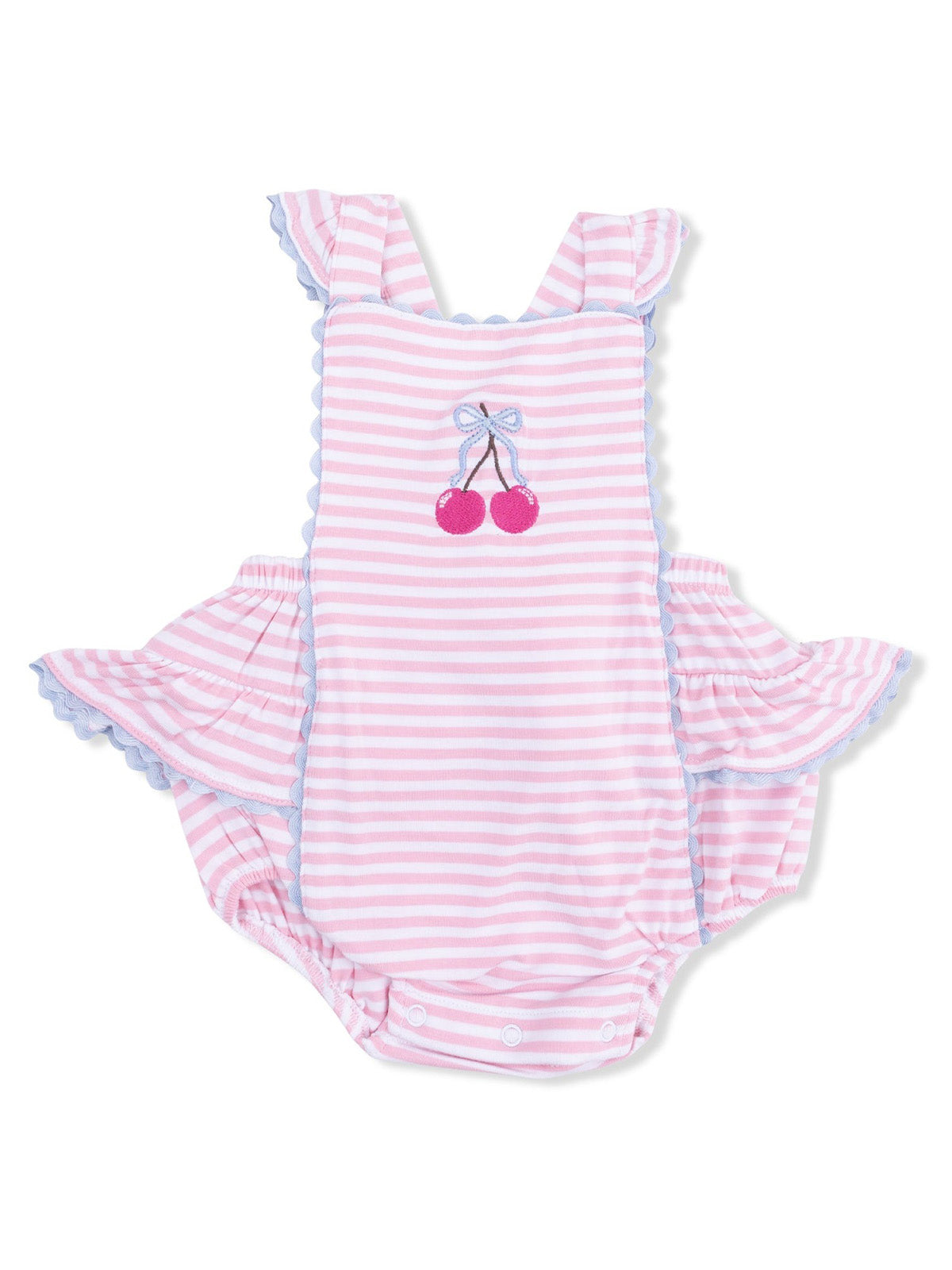 Pink striped baby romper with cherry embroidery and ruffled sleeves, perfect for summer outings.