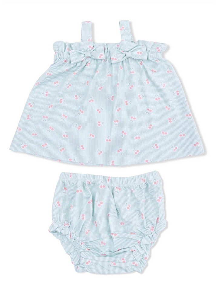 Light blue baby outfit with cherry print, featuring a tank top with straps and matching bottoms.