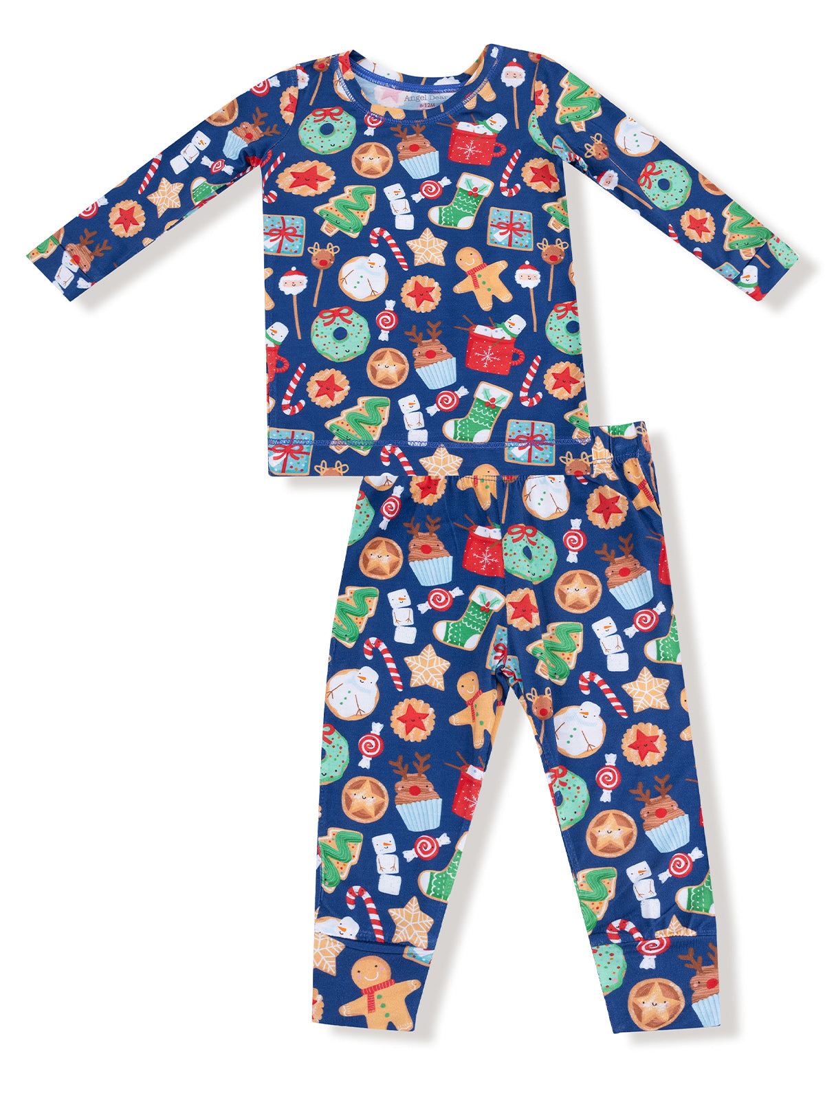 Child's festive pajama set featuring blue fabric adorned with holiday-themed patterns and characters.