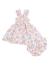 Floral toddler dress with ruffled straps and matching bloomer shorts in soft pastel colors.