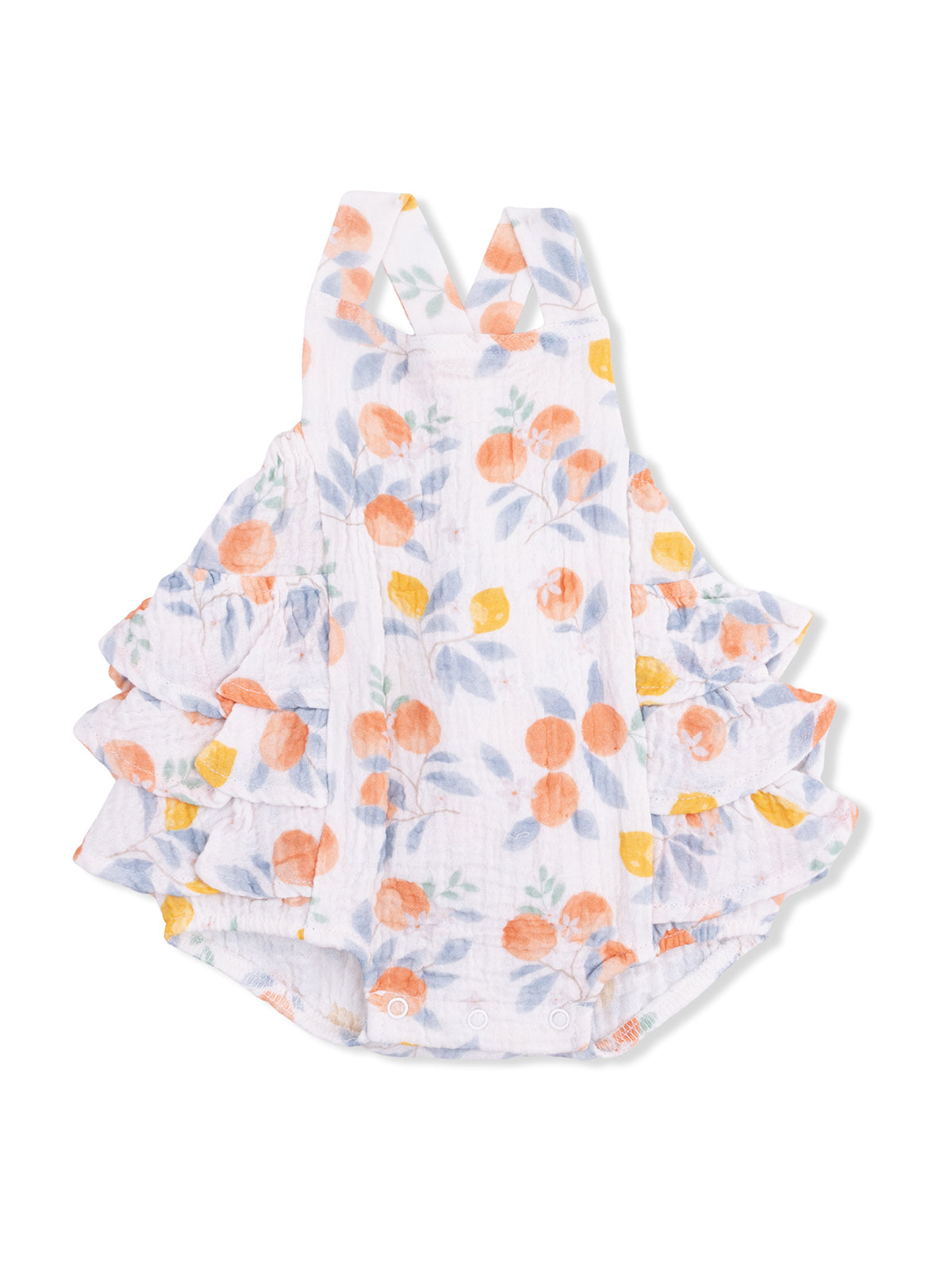 White baby romper with orange and yellow floral design and ruffled layers on the sides.