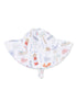 White sun hat with colorful nautical patterns, including boats, lighthouses, and sea life, designed for children.