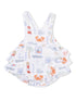 White dress with colorful beach-themed patterns, including crabs, lighthouses, and seashells. Perfect for summer fun.