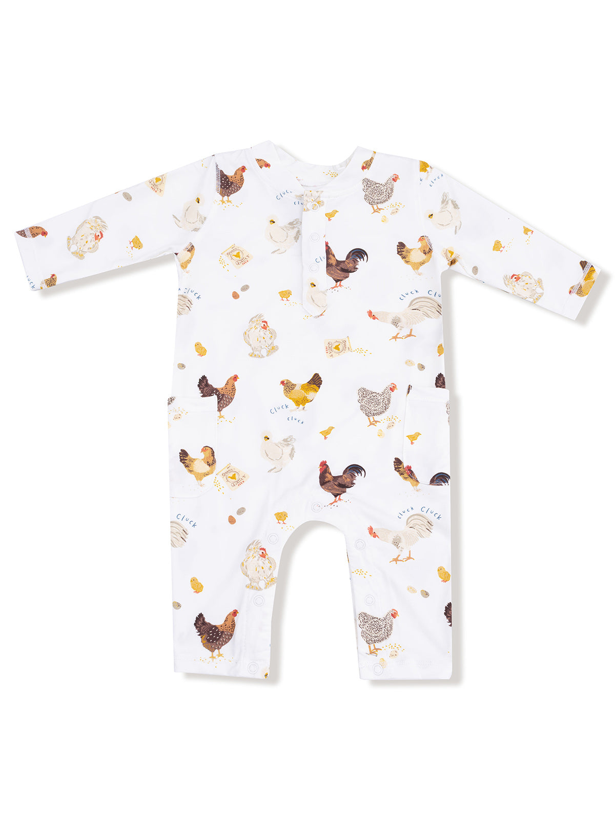 White onesie with colorful chicken illustrations and playful text details. Ideal for infants and toddlers.