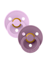 Two BPA-free silicone pacifiers in soft lavender and purple shades with golden fasteners, ideal for infants.