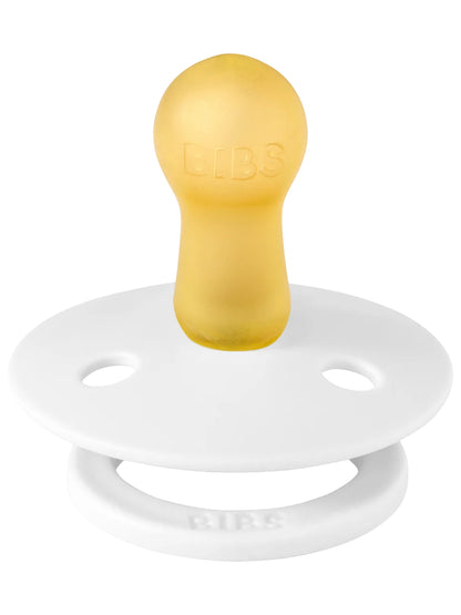 BIBS pacifier with a round yellow nipple and white shield, designed for comfort and soothing infants.