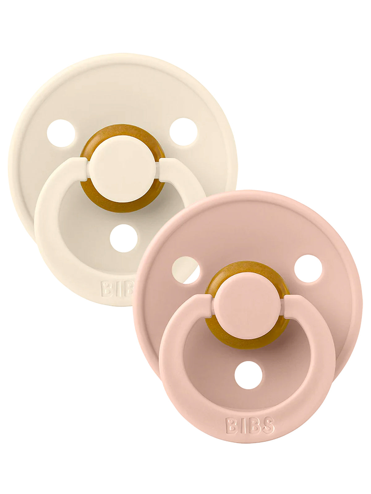 Two pacifiers, one white and one pink, with round shapes and a soft silicone design, labeled "BIBS."