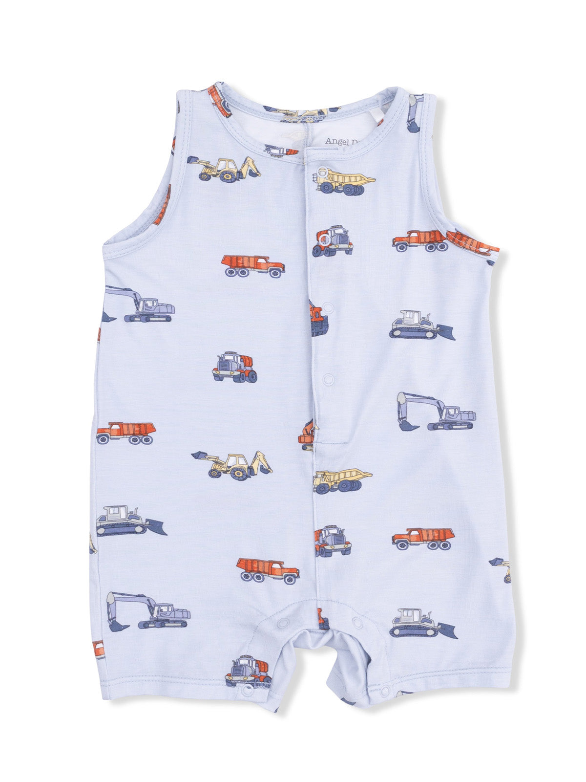 Light blue toddler romper featuring colorful construction vehicles in various designs. Ideal for playful outfits.