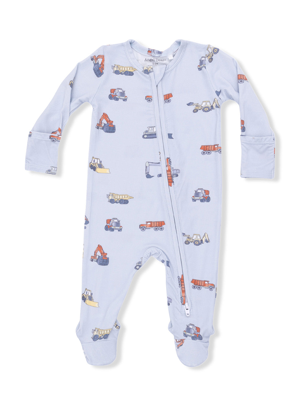 Light blue baby onesie featuring various construction vehicle illustrations, including excavators and dump trucks.