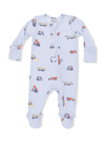 Light blue baby onesie featuring various construction vehicle illustrations, including excavators and dump trucks.