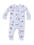 Light blue baby onesie featuring various construction vehicle illustrations, including excavators and dump trucks.