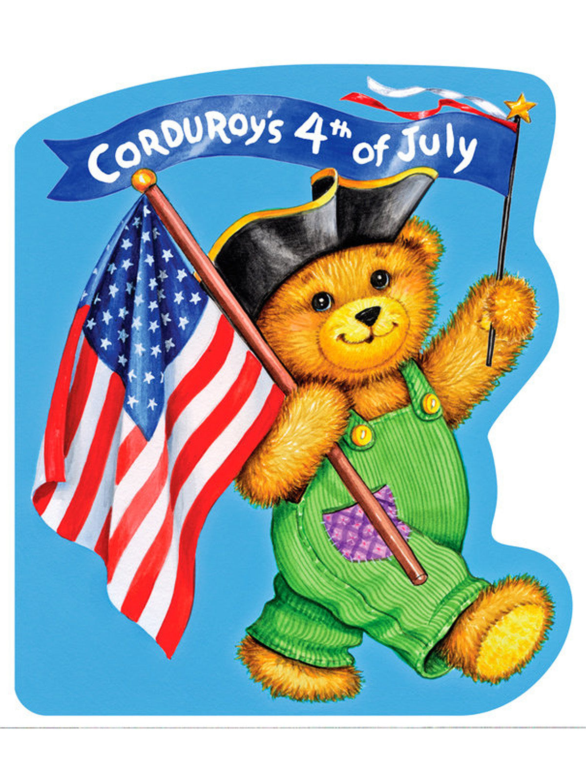 A cheerful bear in a pirate hat holds an American flag and banner reading "Corduroy's 4th of July."