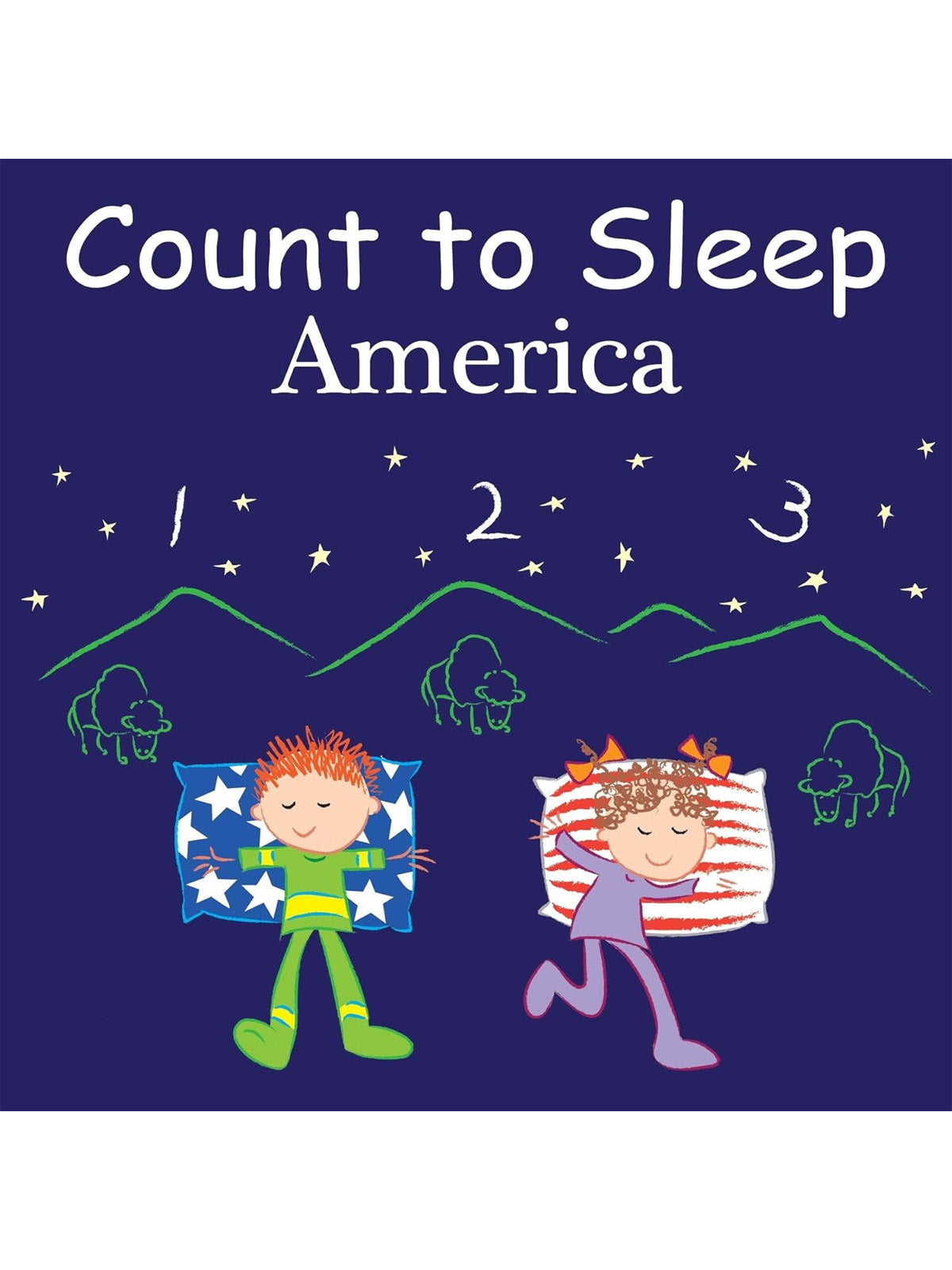 Children asleep with themed pillows under a starry night sky, featuring mountains and bison. Text: "Count to Sleep America."