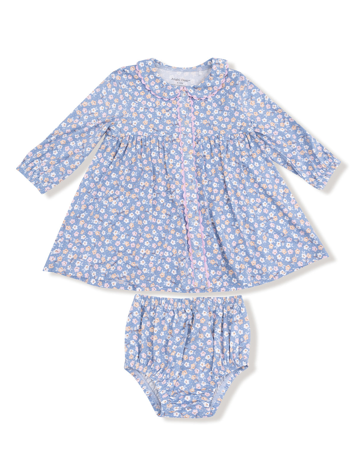 Light blue floral dress set for girls, featuring a matching bloomer for a cute summer outfit.