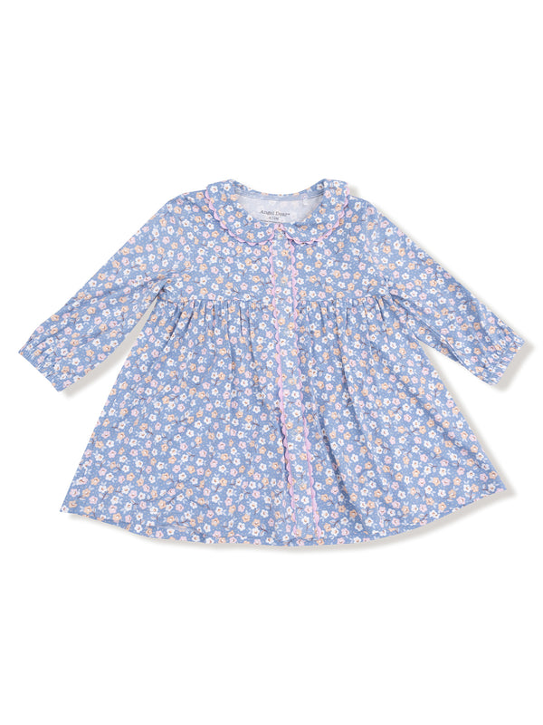 Blue floral dress with long sleeves and a round collar, featuring white, pink, and yellow flowers.