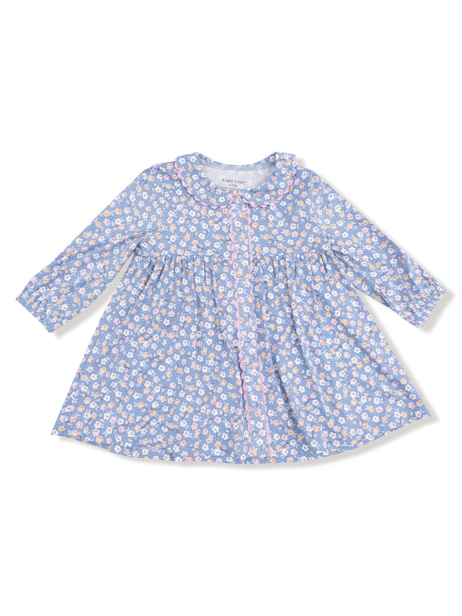 Blue floral dress with long sleeves and a round collar, featuring white, pink, and yellow flowers.