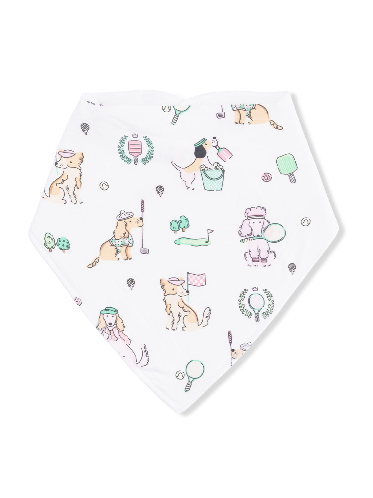 White bandana with playful dog illustrations engaged in various activities, including sports and enjoying treats.