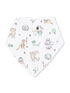 White bandana with playful dog illustrations engaged in various activities, including sports and enjoying treats.