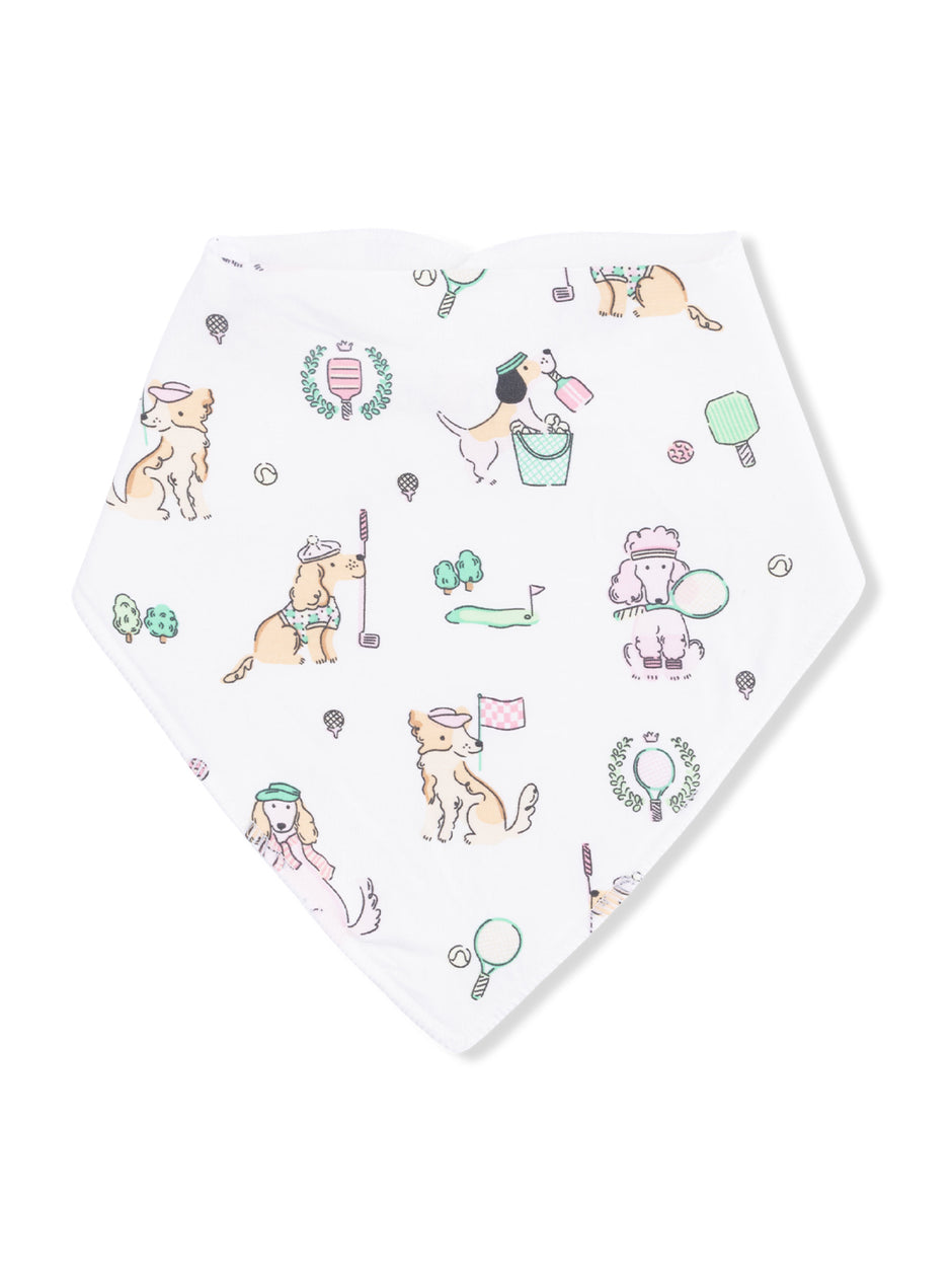 White bandana with playful dog illustrations engaged in various activities, including sports and enjoying treats.