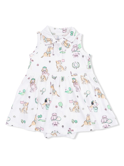White dress with playful dog and ice cream patterns, featuring a collared neck and skirted design.