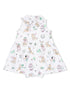 White dress with playful dog and ice cream patterns, featuring a collared neck and skirted design.