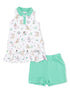 Girls' two-piece outfit featuring a dog-print dress with a collar and matching green shorts.