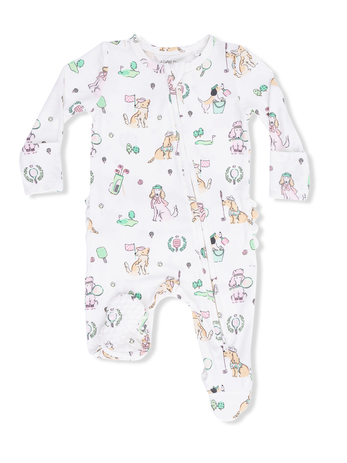 Children's white onesie with colorful dog and playful patterns, featuring golf, ice cream, and balloons.
