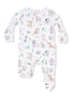 Children's white onesie with colorful dog and playful patterns, featuring golf, ice cream, and balloons.