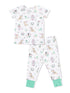 Children's pajama set featuring playful dog prints, including golf, ice cream, and balloons on a white background.