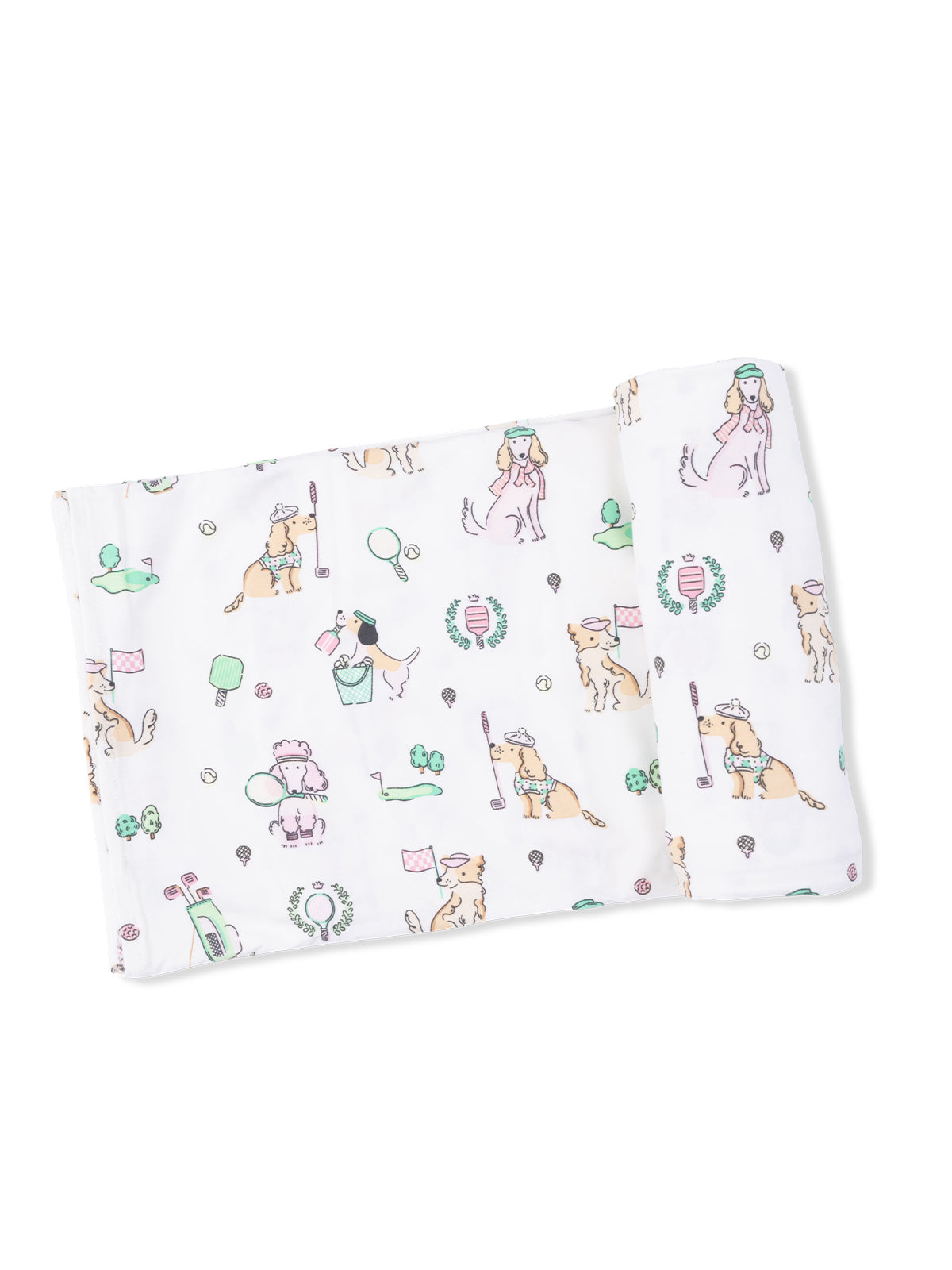 Patterned fabric featuring playful dogs and girls with various activities and colorful accessories.