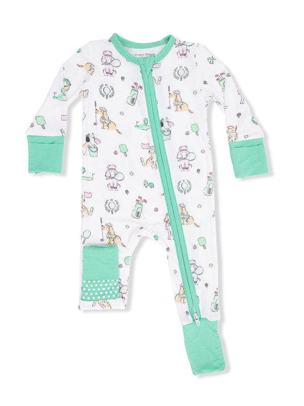 Children's zipper pajama in white with playful animal prints and mint green accents. Comfortable and fun sleepwear option.