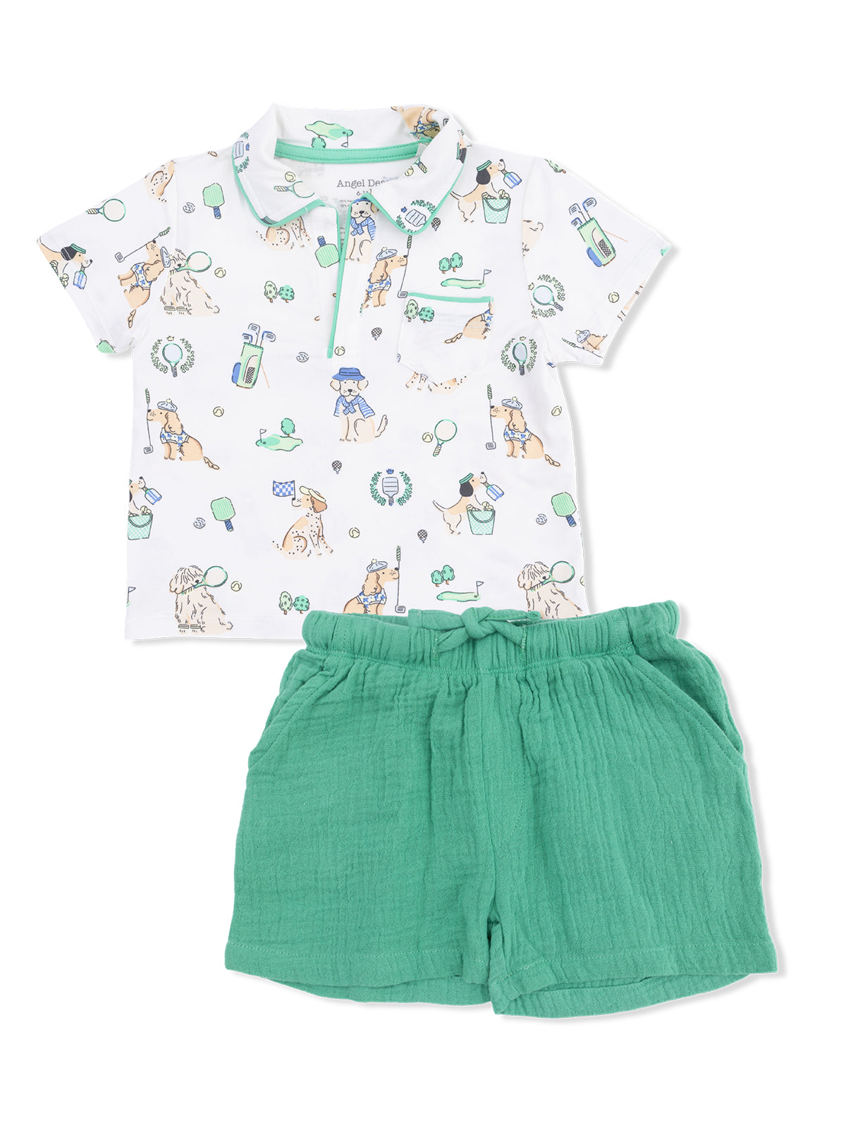 Children's outfit featuring a playful dog-themed polo shirt and soft green shorts. Ideal for casual wear.