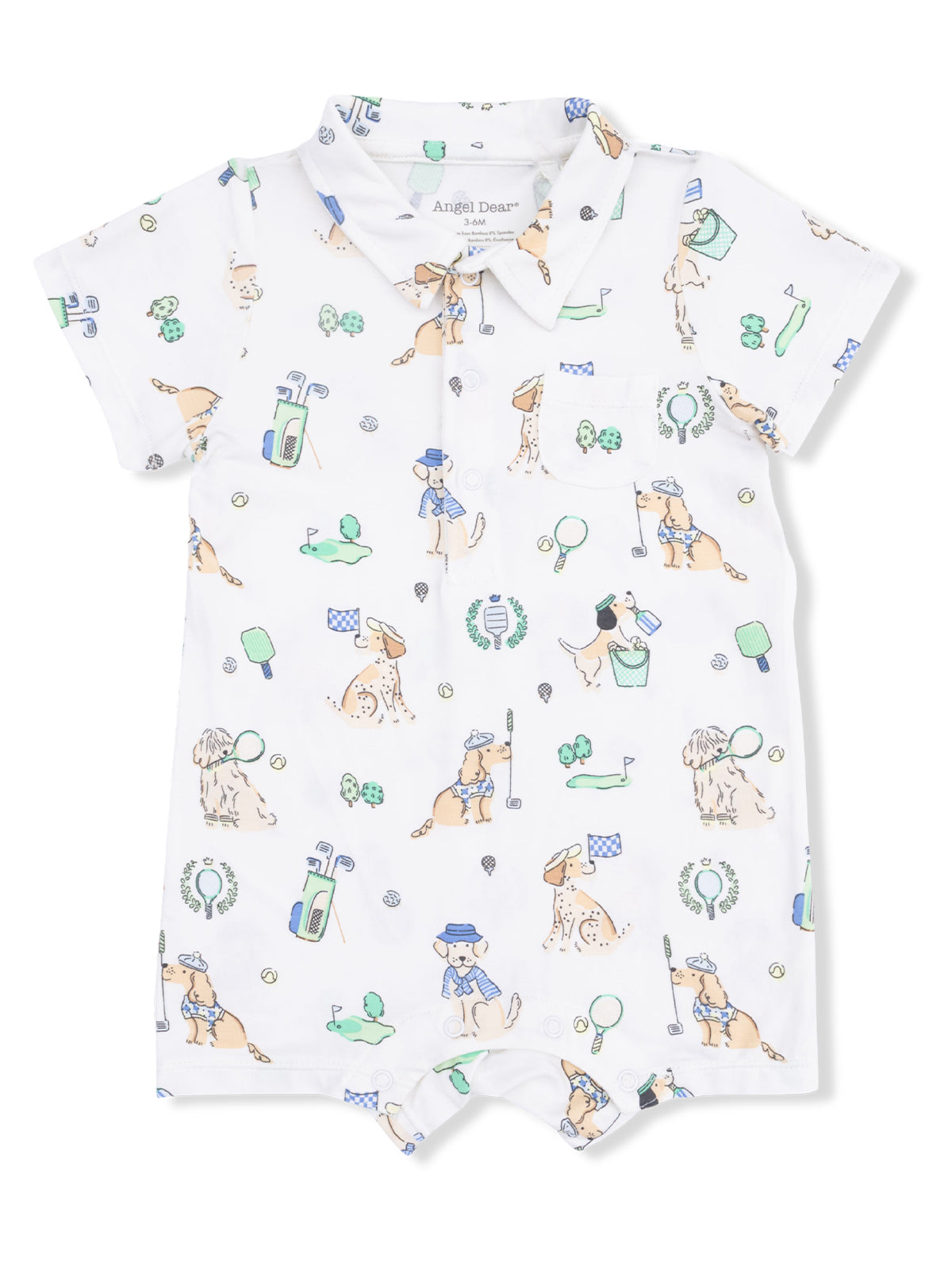 White short-sleeve romper with playful dog and golf-themed patterns for infants.