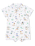 White short-sleeve romper with playful dog and golf-themed patterns for infants.