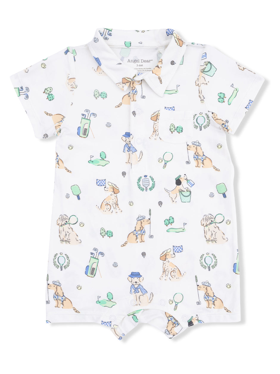 White short-sleeve romper with playful dog and golf-themed patterns for infants.