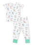 Kids' short-sleeve pajama set with playful dog print in pastel colors and contrasting green cuffs.