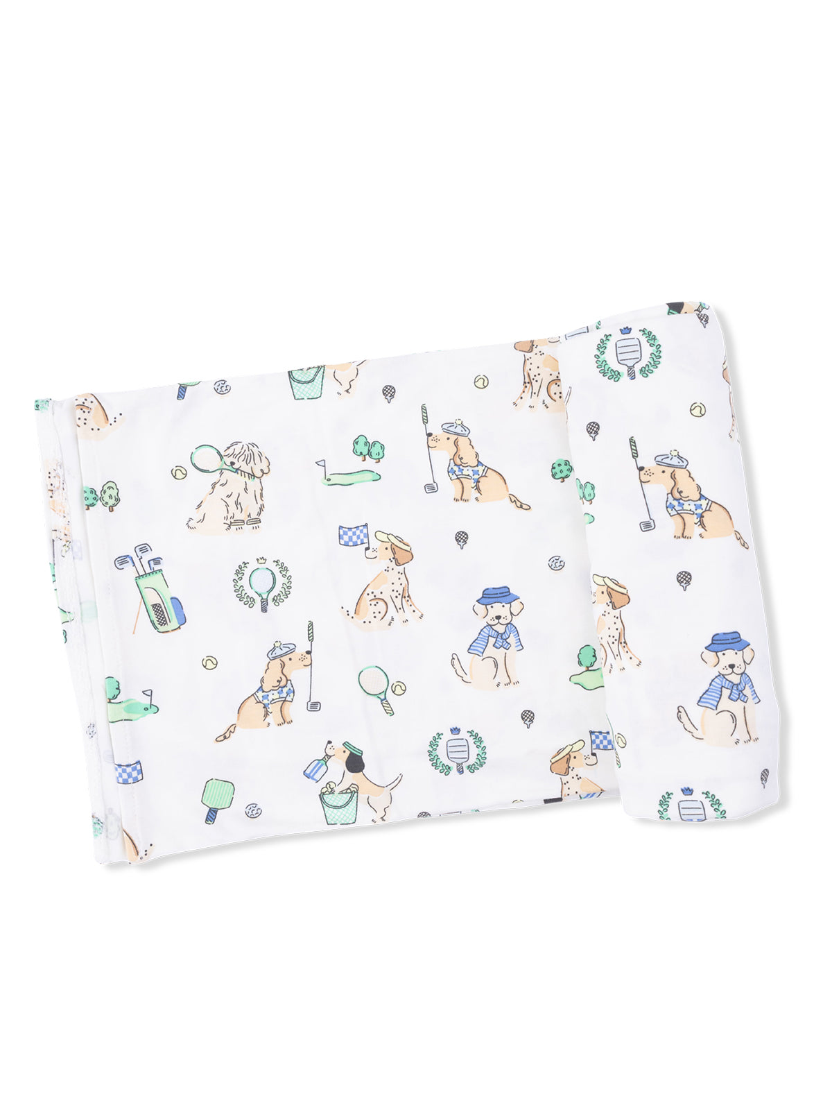 White fabric featuring playful dog illustrations engaged in various sports activities like golf and tennis.