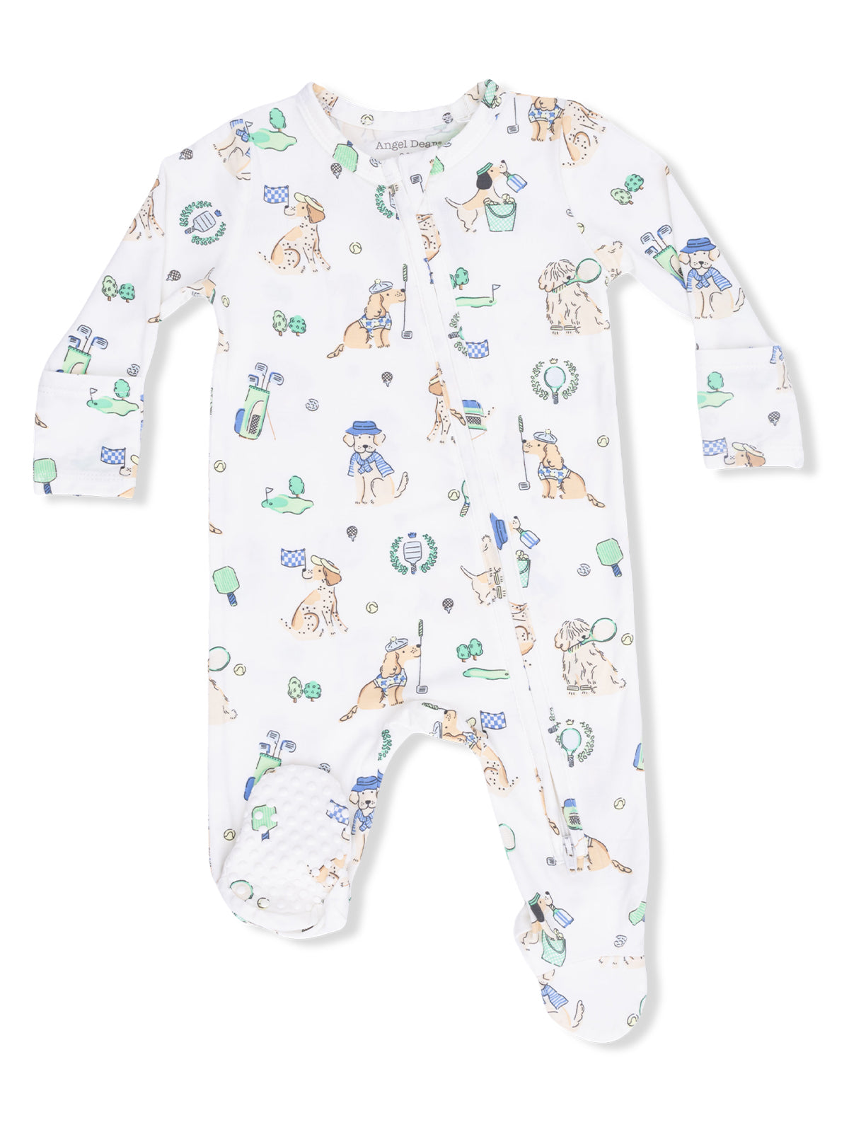 White baby onesie with playful dog illustrations and sports-themed patterns. Perfect for casual wear.
