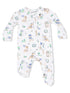 White baby onesie with playful dog illustrations and sports-themed patterns. Perfect for casual wear.