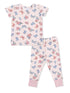 Pajama set for kids featuring short-sleeve top and pants with floral and butterfly print on a light pink background.