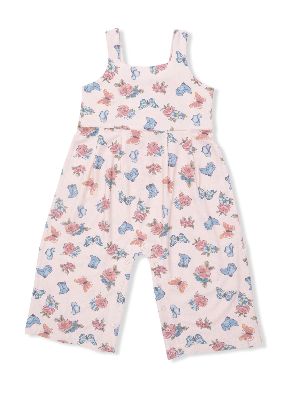 Pale pink jumpsuit with floral and butterfly patterns, featuring adjustable straps and a relaxed fit.