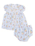 Light blue toddler dress and bloomers with floral pattern and puff sleeves. Ideal for spring or summer wear.
