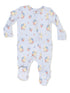 Light blue floral baby onesie with long sleeves and a front zipper. Ideal for comfort and style.