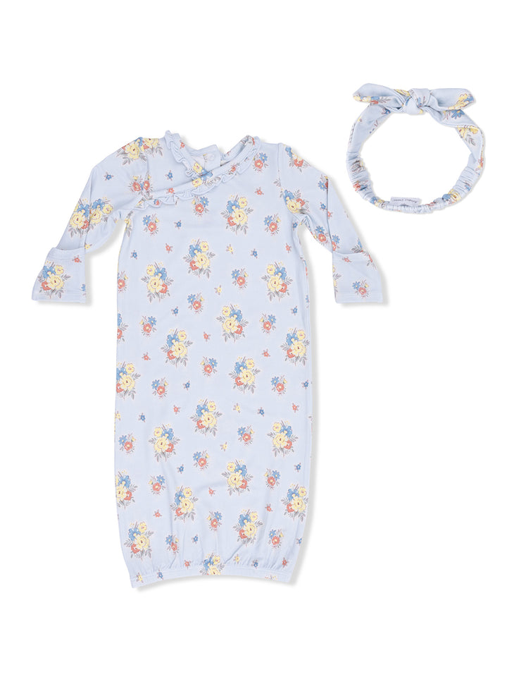 Light blue floral print baby gown with matching headband. Soft fabric and ruffled neckline design.