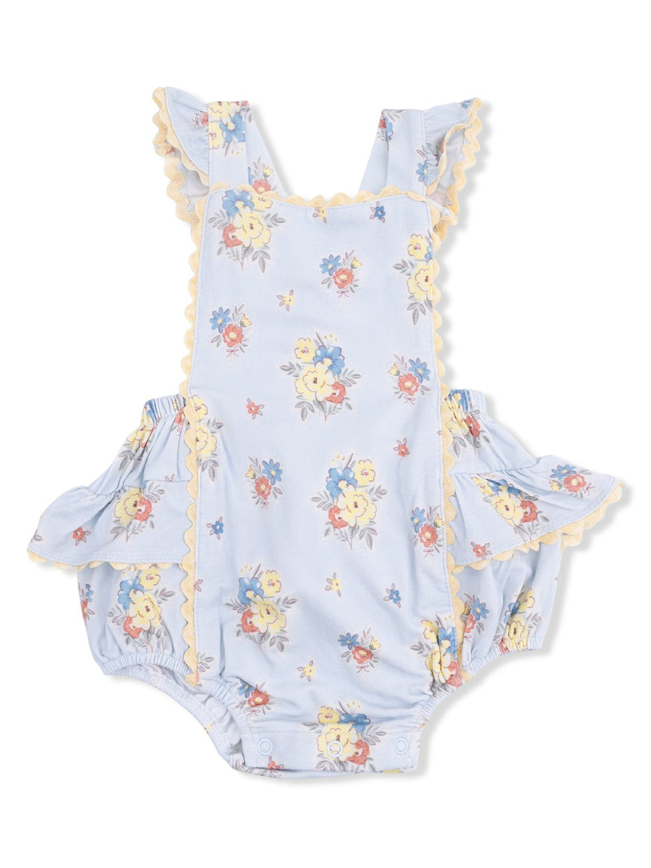 Blue floral romper with ruffled straps and yellow trim, perfect for toddlers.