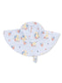 Light blue floral sun hat with wide brim and chin strap, ideal for sun protection and stylish outdoor wear.