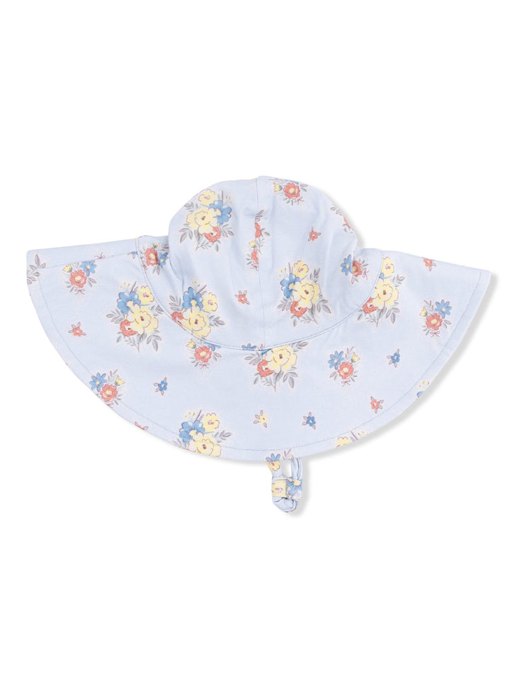 Light blue floral sun hat with wide brim and chin strap, ideal for sun protection and stylish outdoor wear.