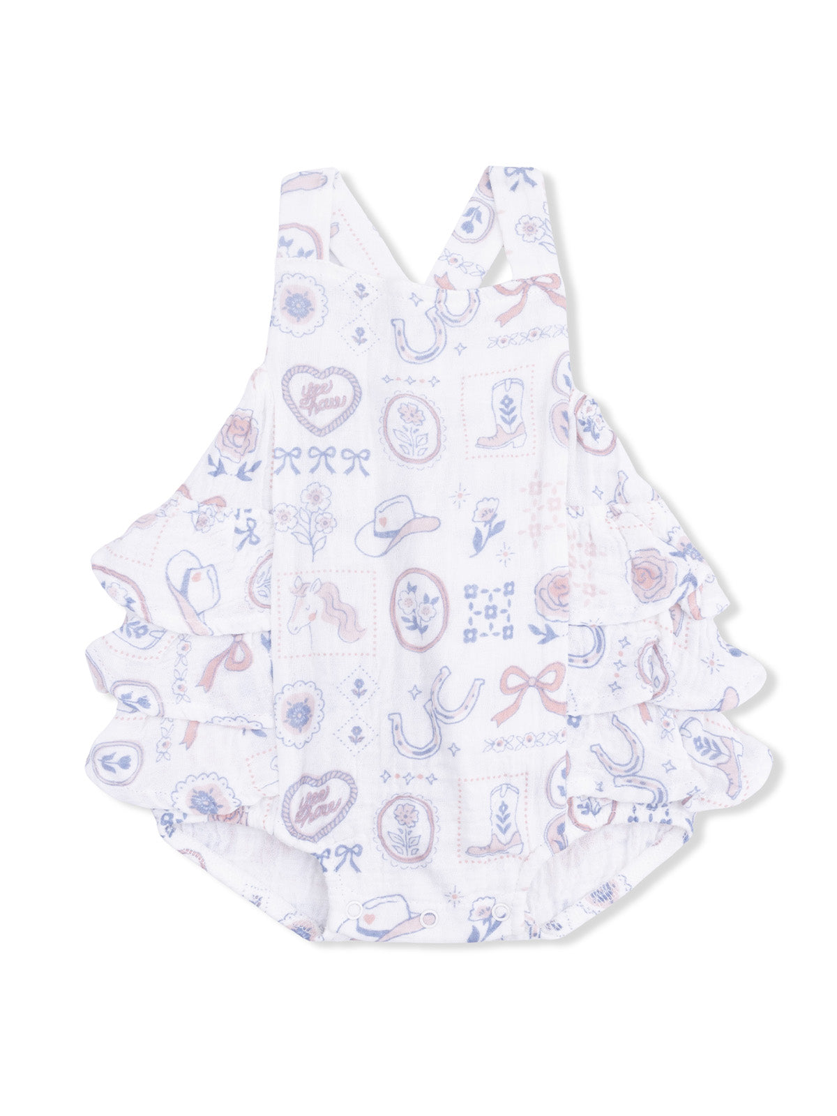"White baby romper with ruffled sleeves and pastel western-themed patterns."